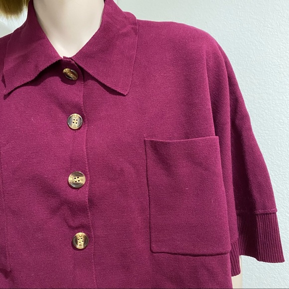 FLAT WHITE by Anthropologie Plum/Prune Button Down Cropped Knit Top Size L - Picture 4 of 12